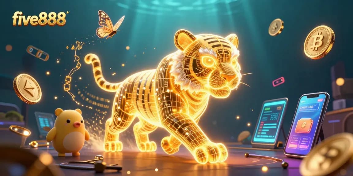 Experience the thrilling excitement of five888 with a glowing 3D tiger in a digital casino.