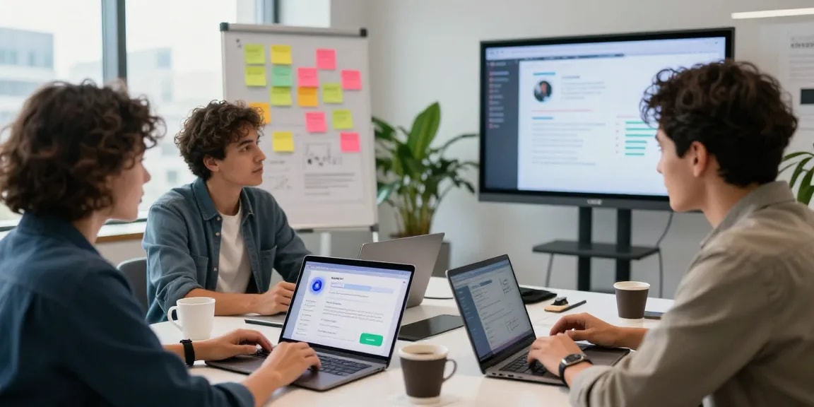 Engaging team discussion about features of Crush AI in a modern office setting.