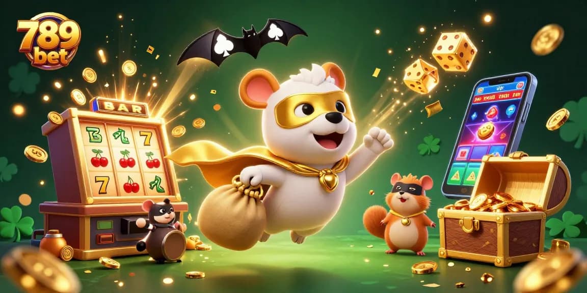 Engage with the thrilling 789 bet scene of a superhero dog and hamster amid vibrant casino chaos.