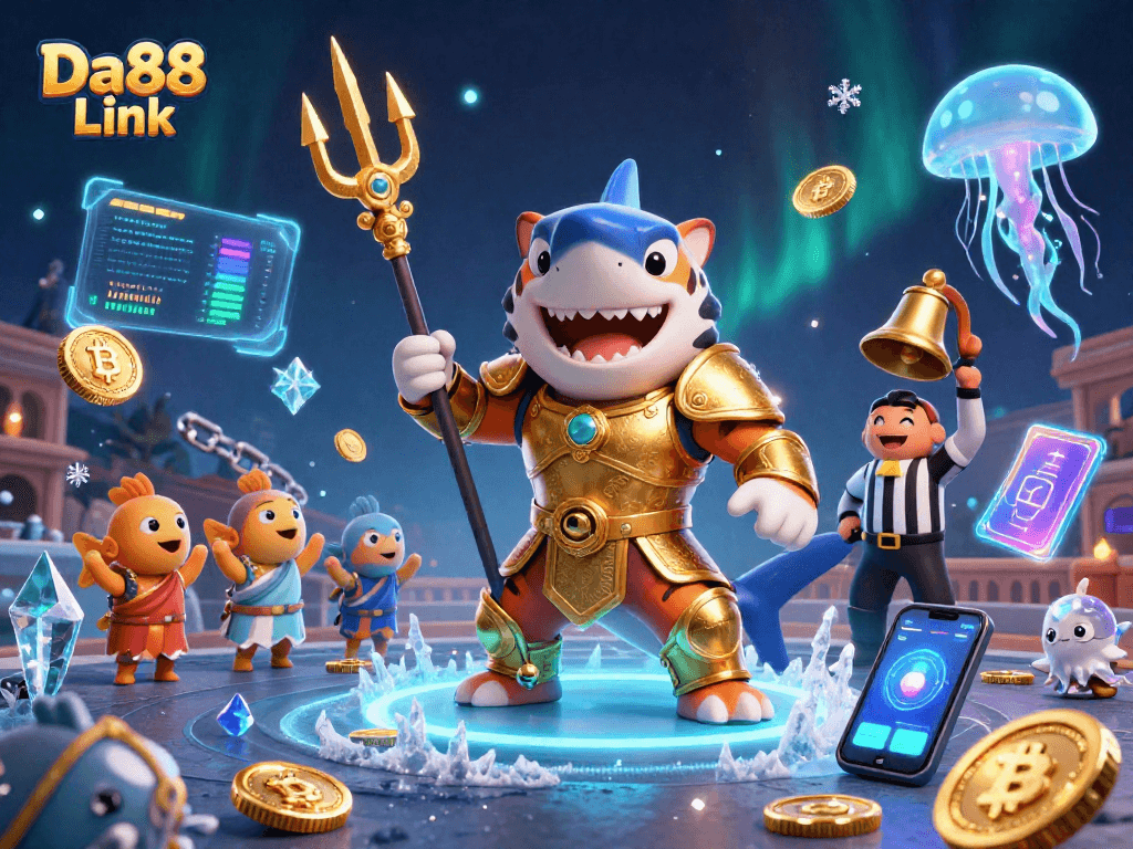 Engage with Da88 Link in a vibrant casino scene filled with animated elements and a dynamic underwater battle.