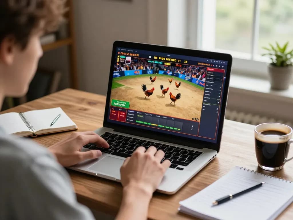 Daga online gambling experience with live cockfight shown on the laptop screen, engaging viewer excitement