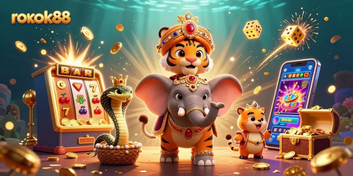 Win big at rokok88 with an enchanting scene featuring a maharaja tiger, jewel-encrusted elephant, and gaming elements.
