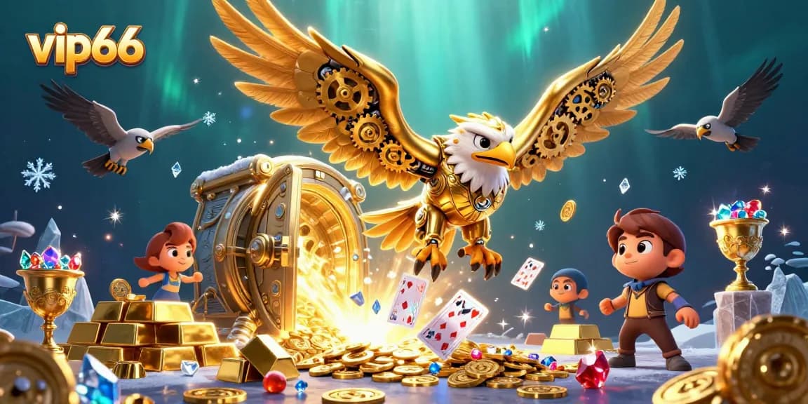 Win big with vip66 in this vibrant 3D casino illustration showcasing a golden eagle and treasures.