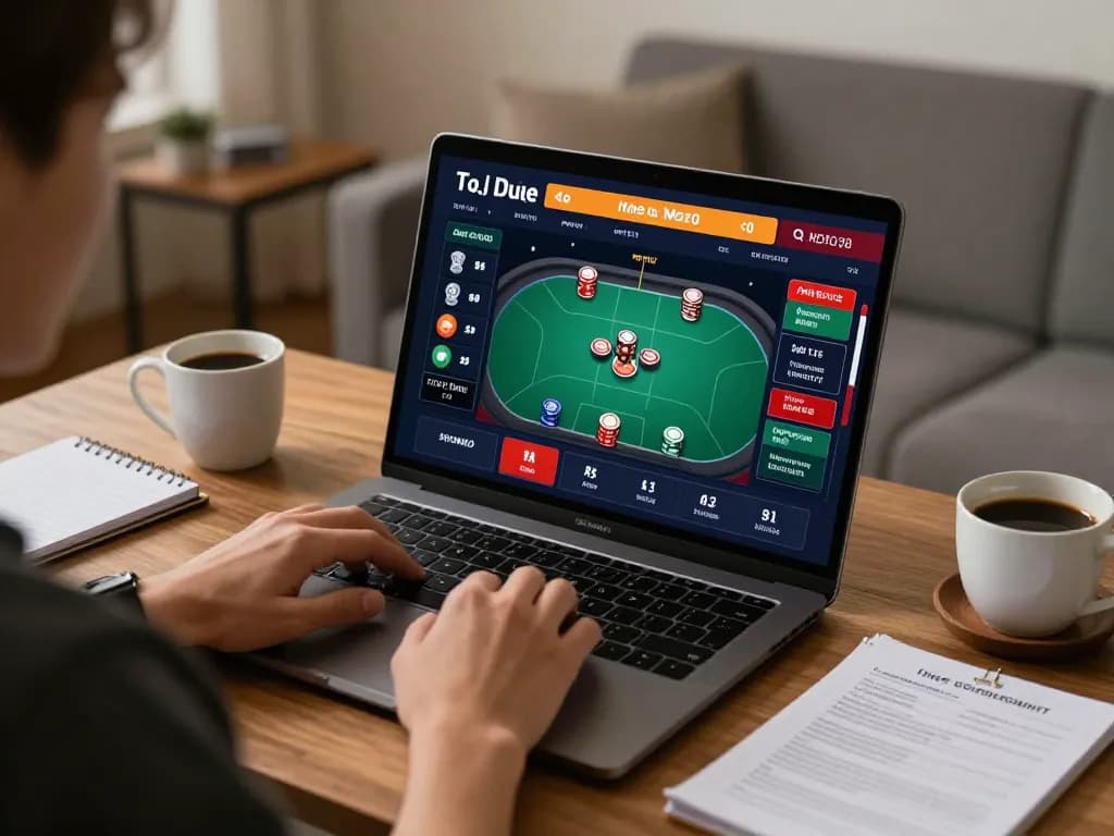 sunwingo player engaged in online poker game at modern home office, showcasing strategy and relaxation