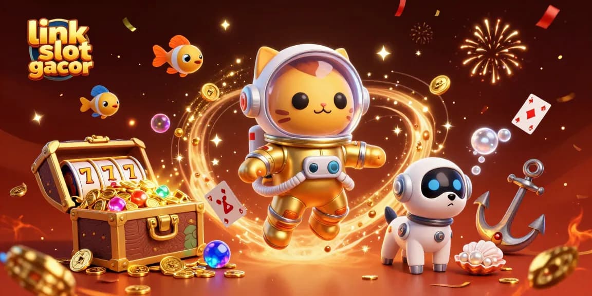Engage with link slot gacor as a cartoon astronaut cat explores a dazzling casino world surrounded by treasures and game elements.