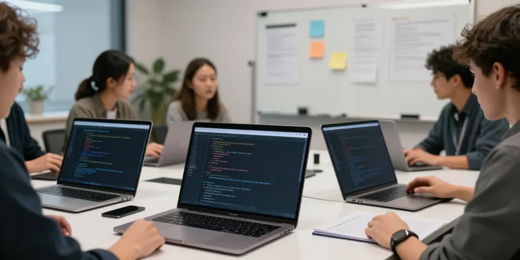 plateforme marketing influence in a modern tech workspace with developers collaborating on software.