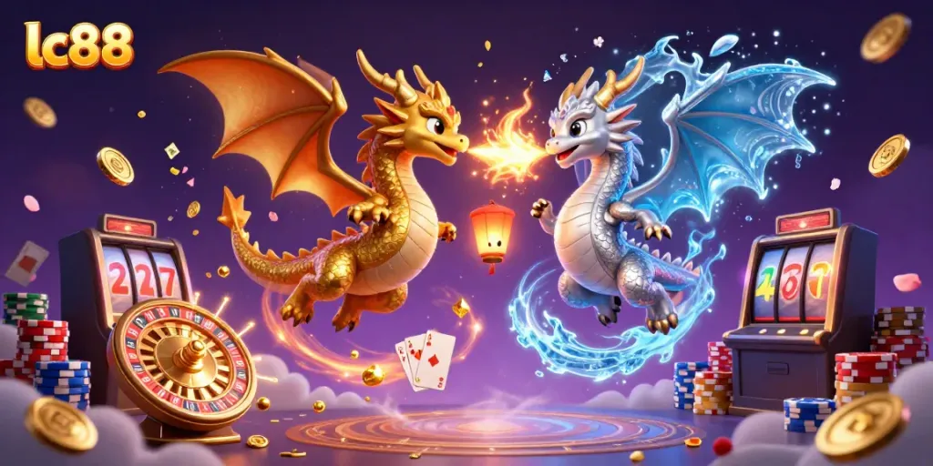 Engage with lc88's thrilling casino world, experiencing fire and ice dragons amidst vibrant gaming elements.