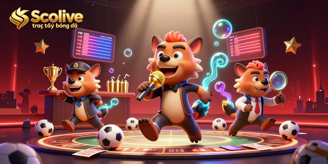 Socolive trực tiếp bóng đá live sports betting venue with hyenas cheering and celebrating bets.