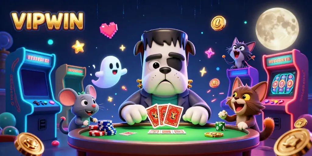 Experience thrilling card games at VIPWIN with a vibrant 3D cartoon casino scene.