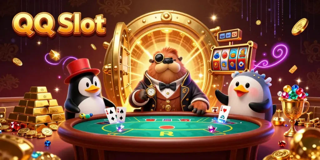 Experience the thrill of QQ Slot with a whimsical underwater casino scene featuring a jolly walrus, sophisticated dealer, and playful pufferfish.