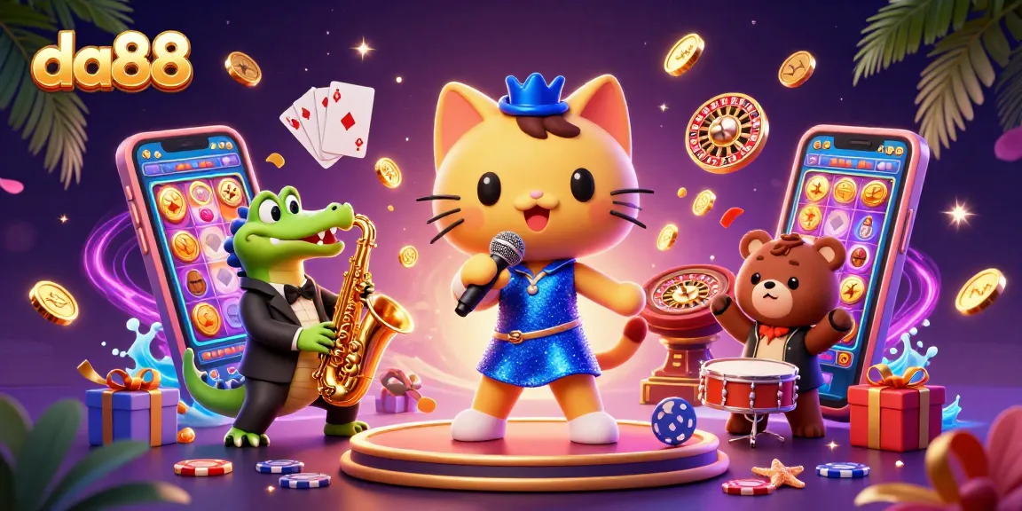 da88 engages players with vibrant casino characters singing and playing instruments.