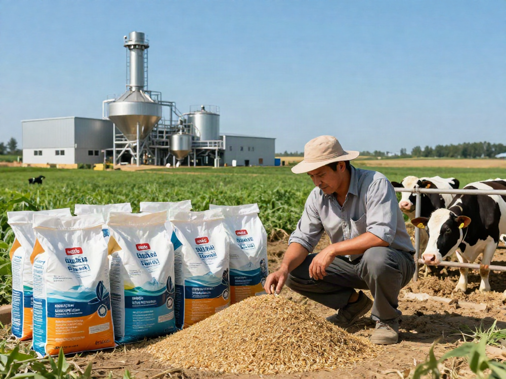 Farmer inspecting ROKOK88 animal feed ingredients in bright field, emphasizing quality and nutrition.