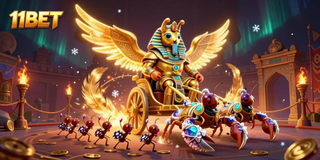 Experience thrilling gameplay with 11BET's vibrant casino illustration depicting a colossal golden scarab beetle.
