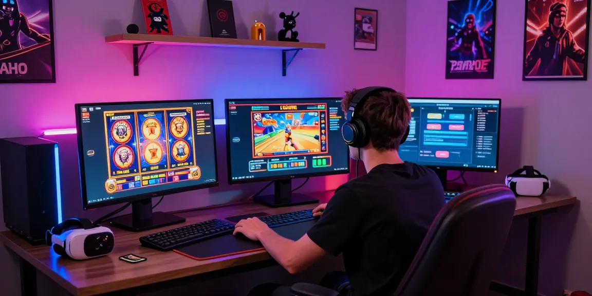 Spieler genießt ein Spiel in einem Paysafe Card Casino mit Monitoren, die lebendige Spielautomaten und Live-Dealer zeigen, und verkörpert Aufregung und Sicherheit.