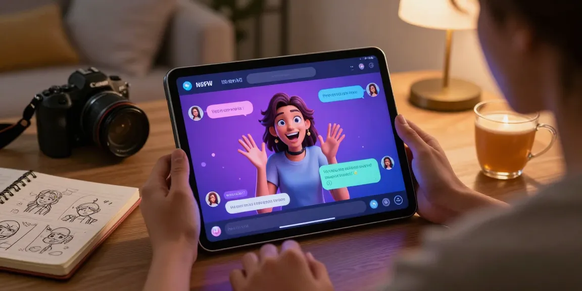 Engaging with NSFW AI character, showcasing interactive chat environment in a cozy setting.