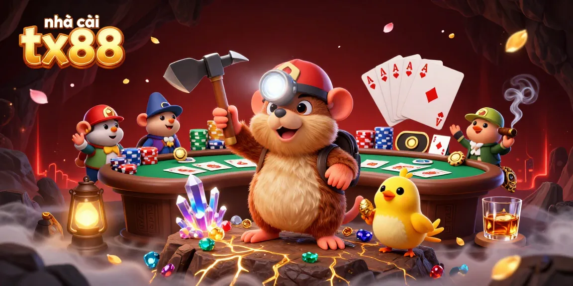 Engage with nhà cái tx88 by enjoying a vibrant poker scene featuring a treasure hunter mole, chips, and cards.