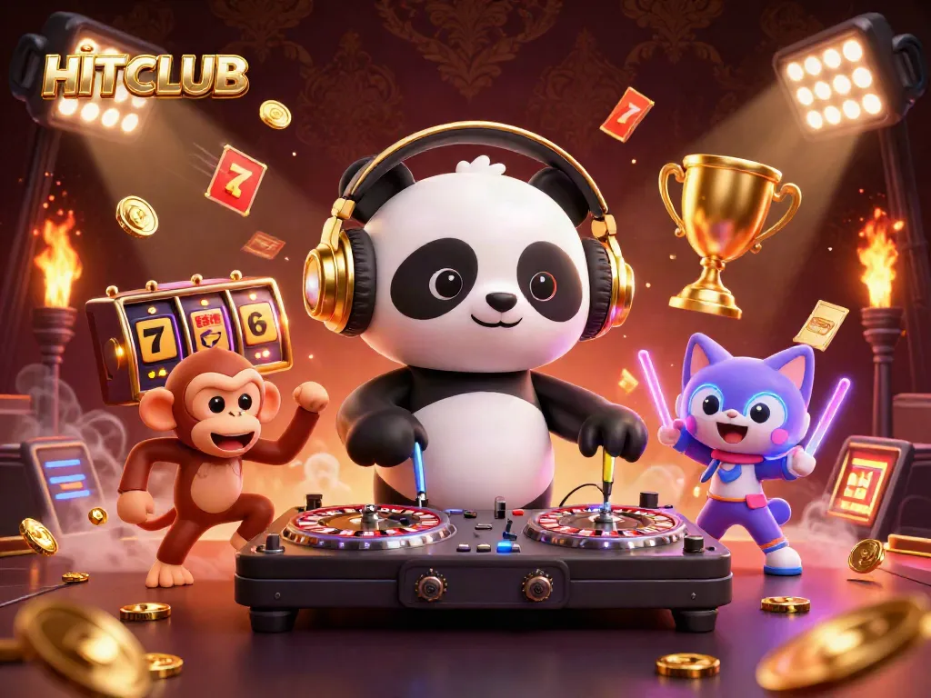 Experience thrilling gameplay at HITCLUB with an exciting casino illustration of characters amidst slot reels and dynamic elements.