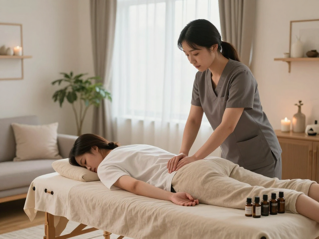 Professional 서울출장마사지 session in a cozy home setting with a therapist and essential oils.
