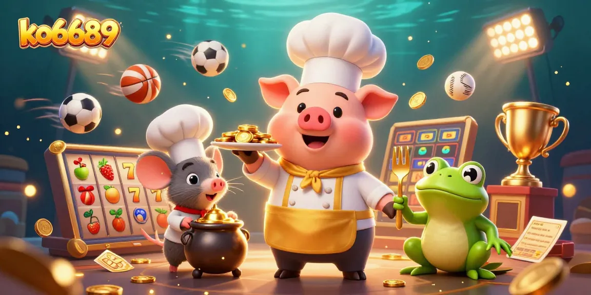Engage with ko6689 as a chef pig serves gold coins, surrounded by casino elements in action.