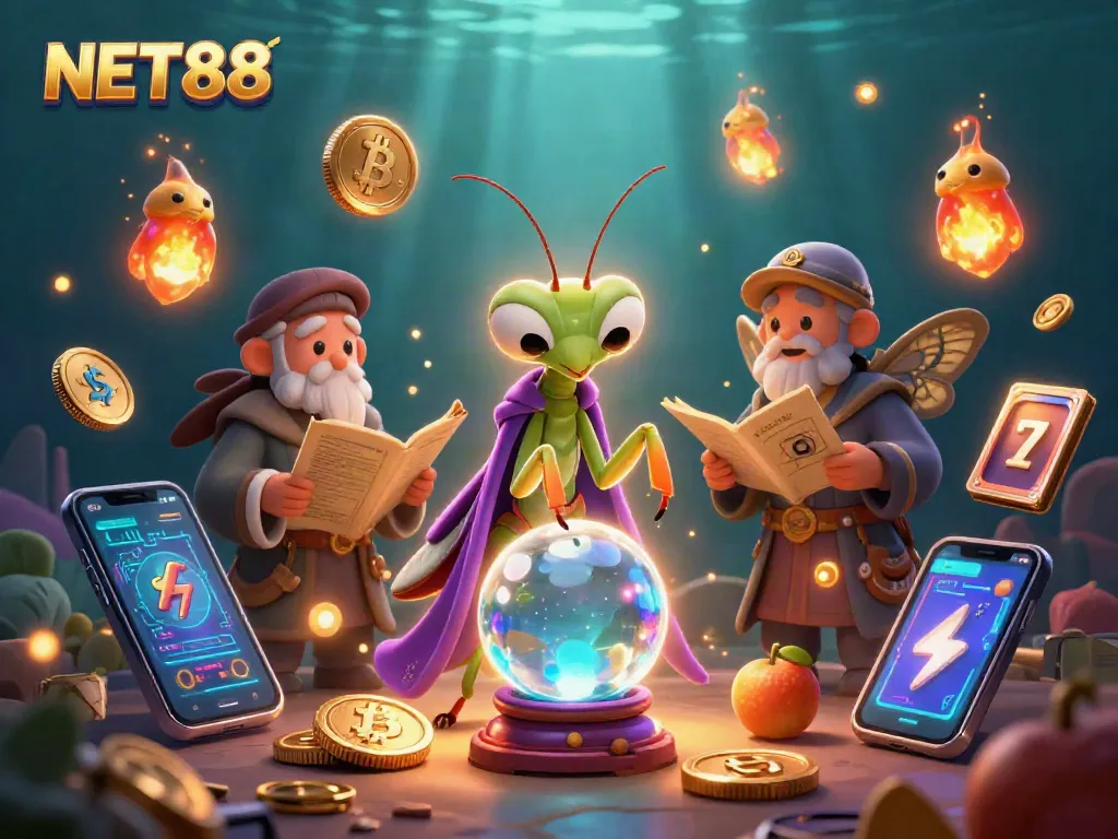 Engage with NET88 casino action, featuring vibrant slot reels and crypto elements in an enchanting scene.