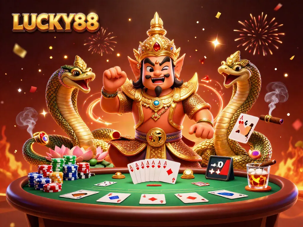 Engage with LUCKY88 featuring a lively casino scene with a Thai guardian and poker elements.