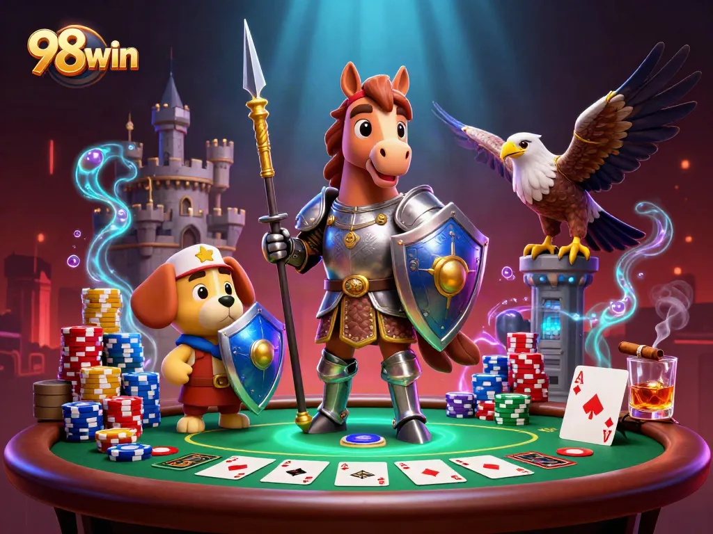 Experience epic gaming thrills with 98win as medieval characters engage in lively poker.