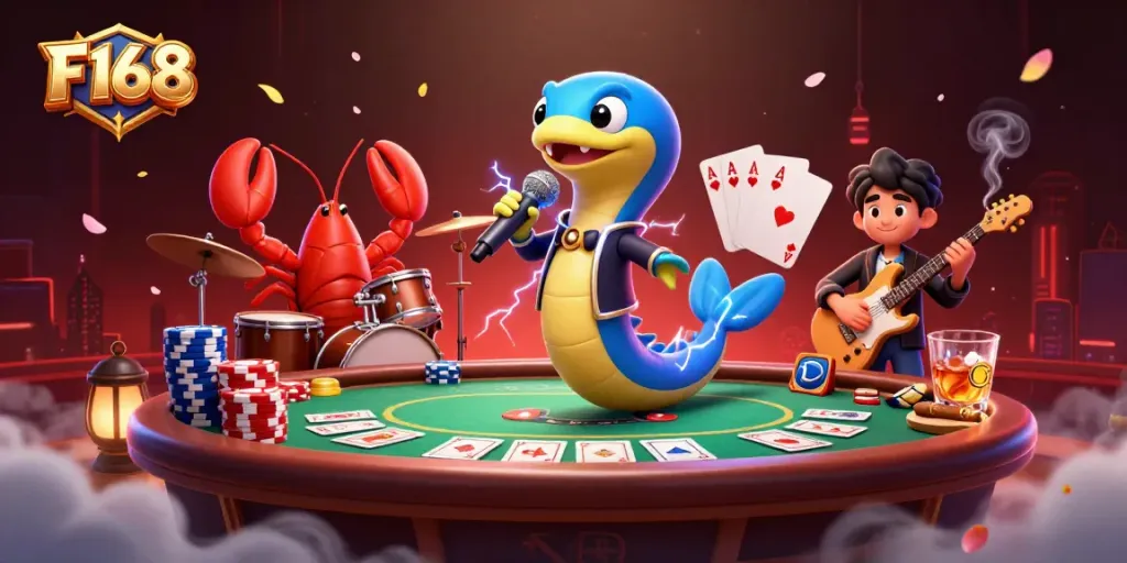 Play with F168 in an underwater casino, featuring electric eel DJ, lobster drummer, and seahorse guitarist.