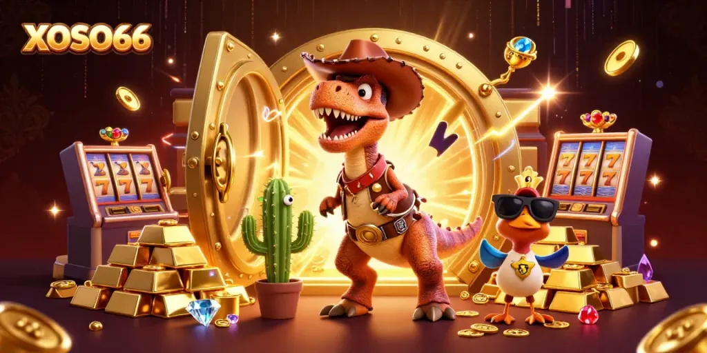 XOSO66 features a cartoon dinosaur and friends in a dynamic casino-themed scene with treasure and gaming elements.
