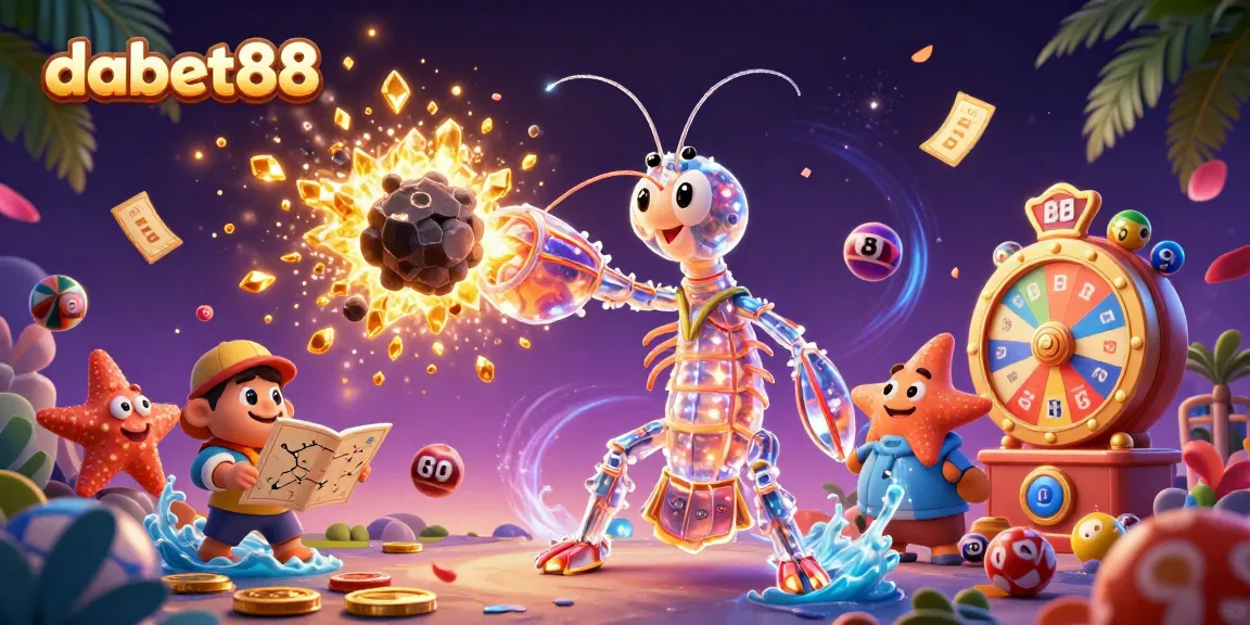 Dabet88 showcases a thrilling digital scene with a mantis shrimp character breaking asteroids to reveal treasures, representing the excitement of online gambling.