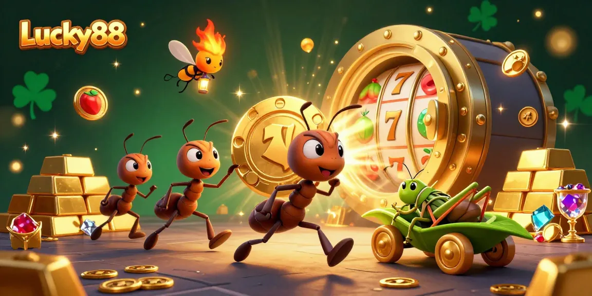 Experience Lucky88 with a dynamic 3D illustration of playful ants navigating a heist amidst rich casino elements.