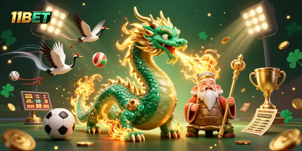 Experience thrilling casino action with the 11BET emerald dragon and lucky cranes in a dynamic scene.