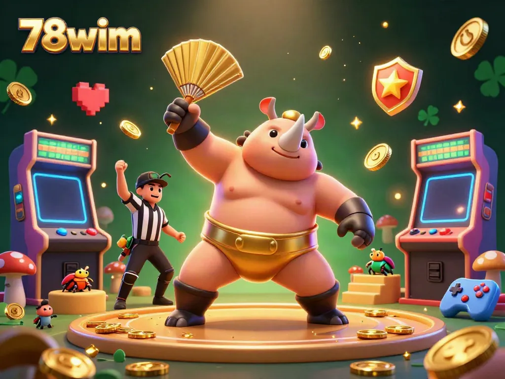 Join the thrilling action at 78wim with a sumo champion beetle amidst flying golden coins and dynamic game elements!