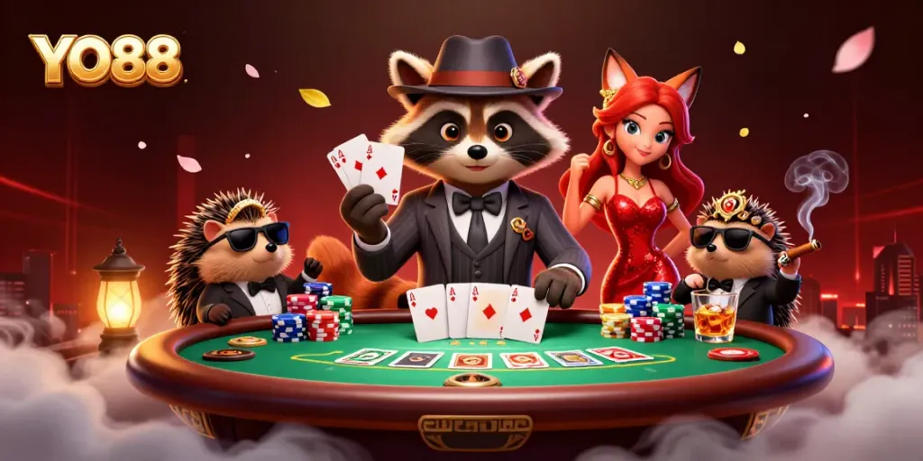 Engage with YO88's exciting poker scene featuring a suave raccoon and friends at a vibrant casino.