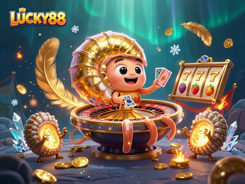 Experience LUCKY88 with an ancient nautilus roulette wheel and vibrant casino elements.