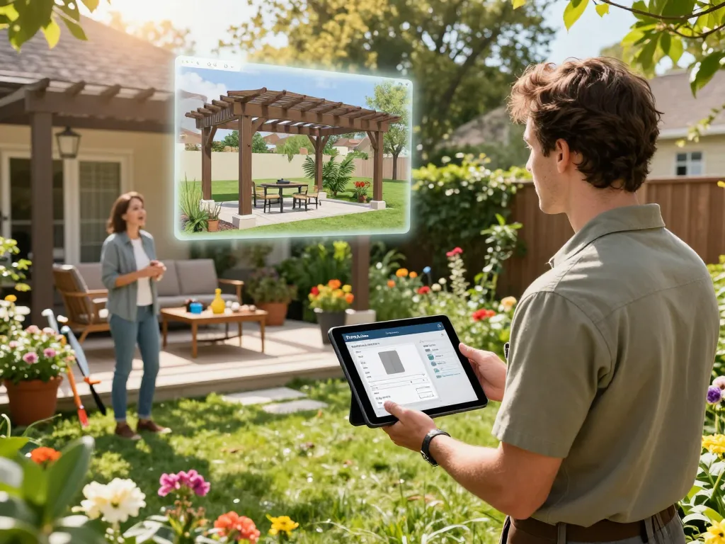 Visualizing a pergola design using Pergola Sales Software in a vibrant garden setting.