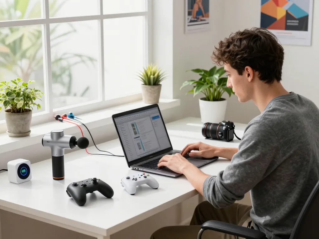 Innovative tech gadgets displayed in a modern workspace with Bluetooth devices and natural lighting.