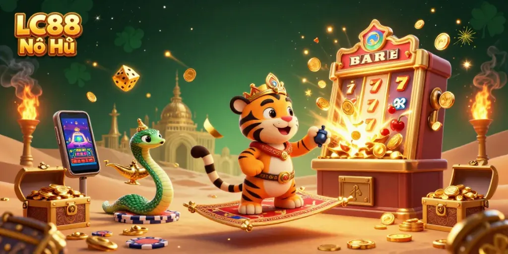 Win big with LC88 Nổ Hũ in an illustrated scene featuring a jackpot explosion and casino elements.