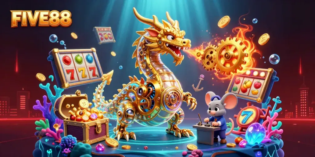 Engage with FIVE88's vibrant casino scene showcasing luck with slot reels and golden treasures amidst dynamic 3D art.