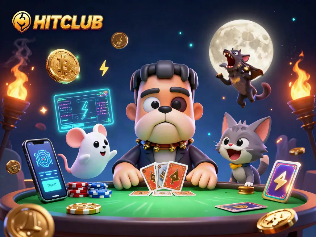 Experience HITCLUB casino action with a vibrant 3D scene of unique characters and rich gambling elements.