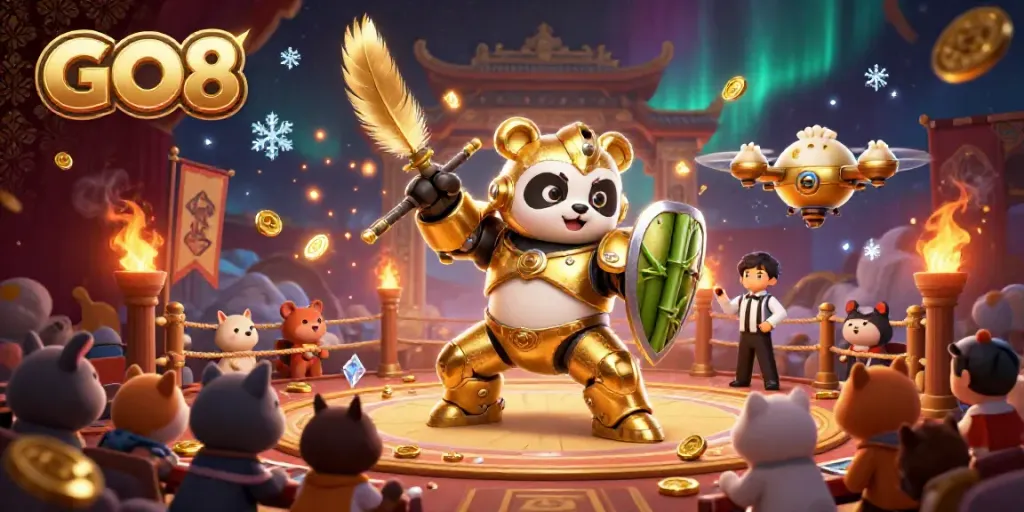 Experience GO8's thrilling casino action in a vibrant 3D illustrated arena with golden panda and robot.