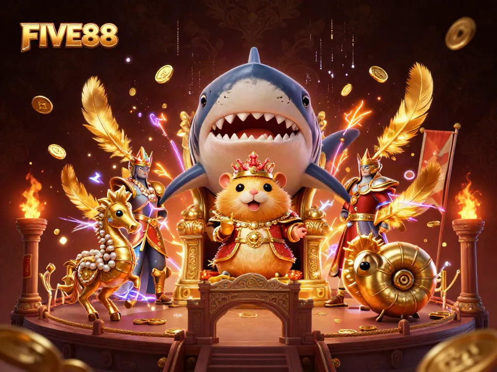 Engage with FIVE88's thrilling casino atmosphere through an epic 3D scene filled with vibrant characters and dramatic effects.