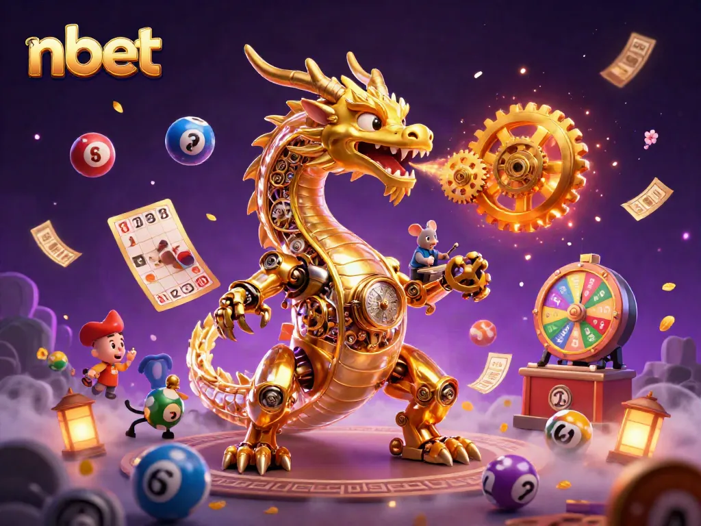 Engage in thrilling games with nbet as a golden dragon breathes gears and prizes in a vibrant casino scene.