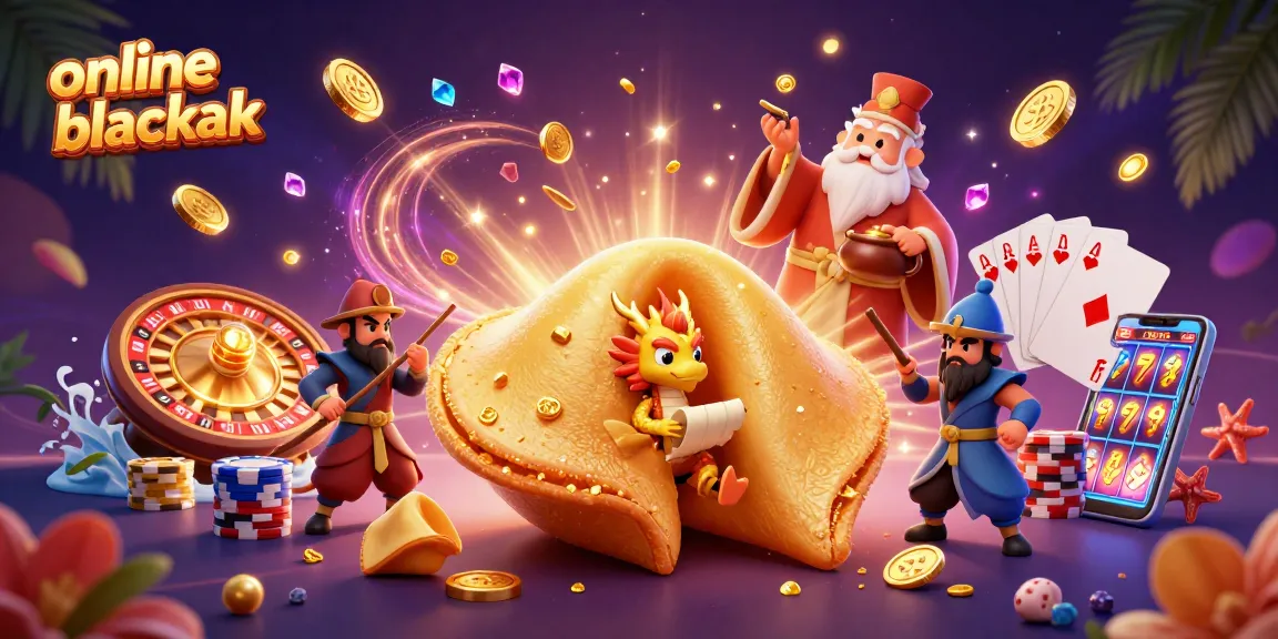 Experience online blackjack adventures with a dragon and fortune cookie in a vibrant 3D casino scene.