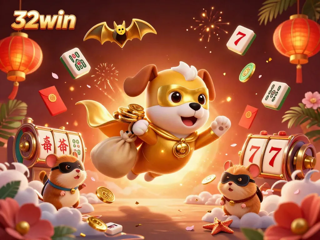32win's playful casino adventure with a superhero dog, charming hamster, and dynamic casino elements.