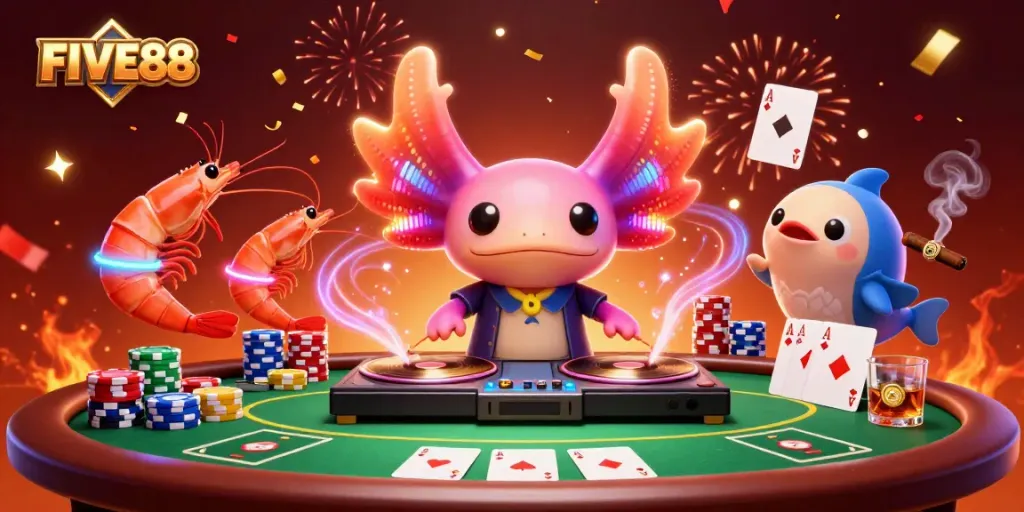 Celebrate with FIVE88 as a vibrant axolotl DJ spins at a lively poker tournament.