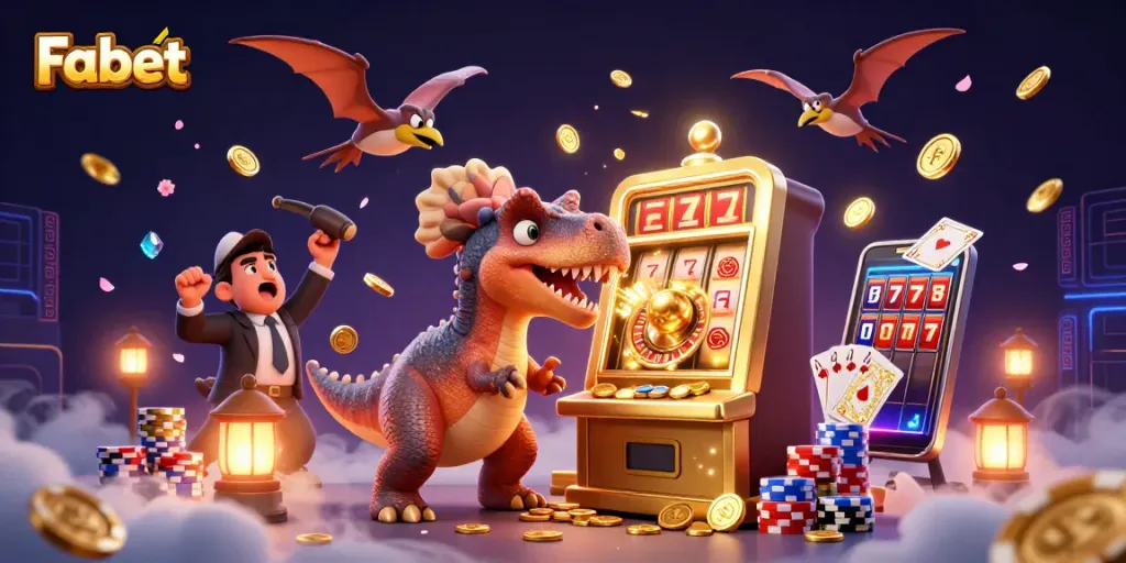 Fabet betting excitement with dinosaurs at a dynamic casino scene featuring jackpot slots.