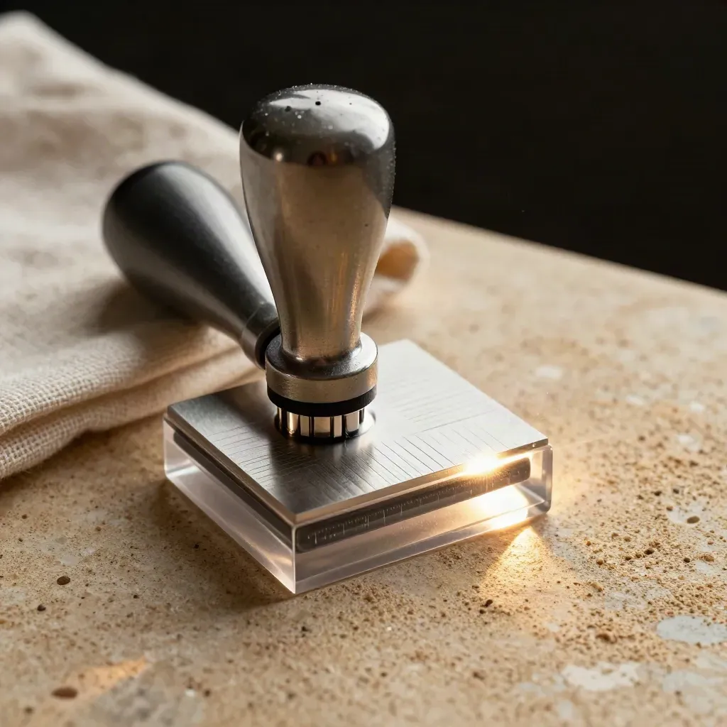 Macro of a French tip stamping plate with a clear block and folded cloth in warm sand tones.