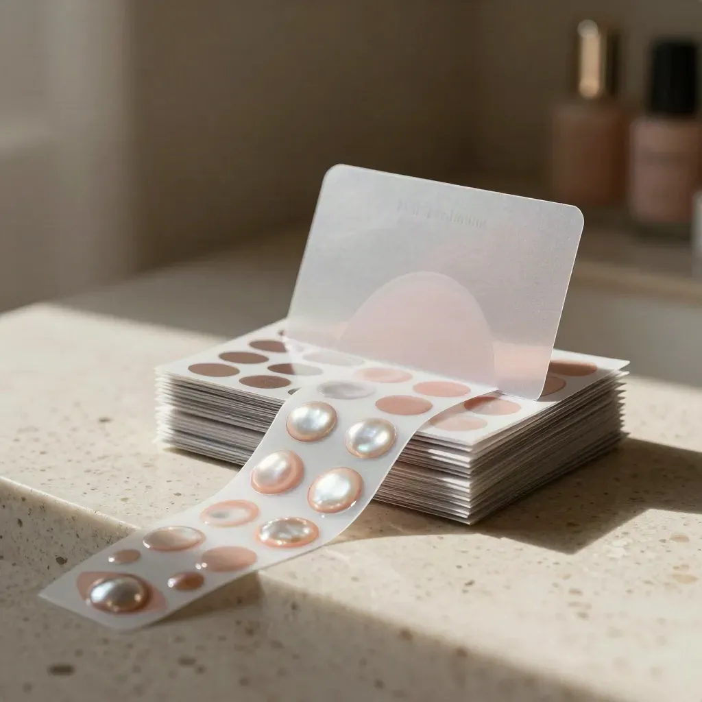Nail sticker bundle spilling open on travertine with blush accents and soft bokeh.