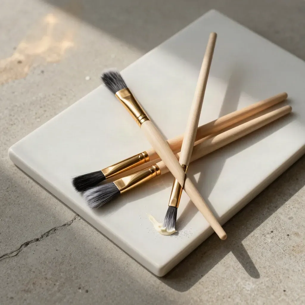 Three fine nail detail brushes fan over a ceramic tile with a thin paint streak.