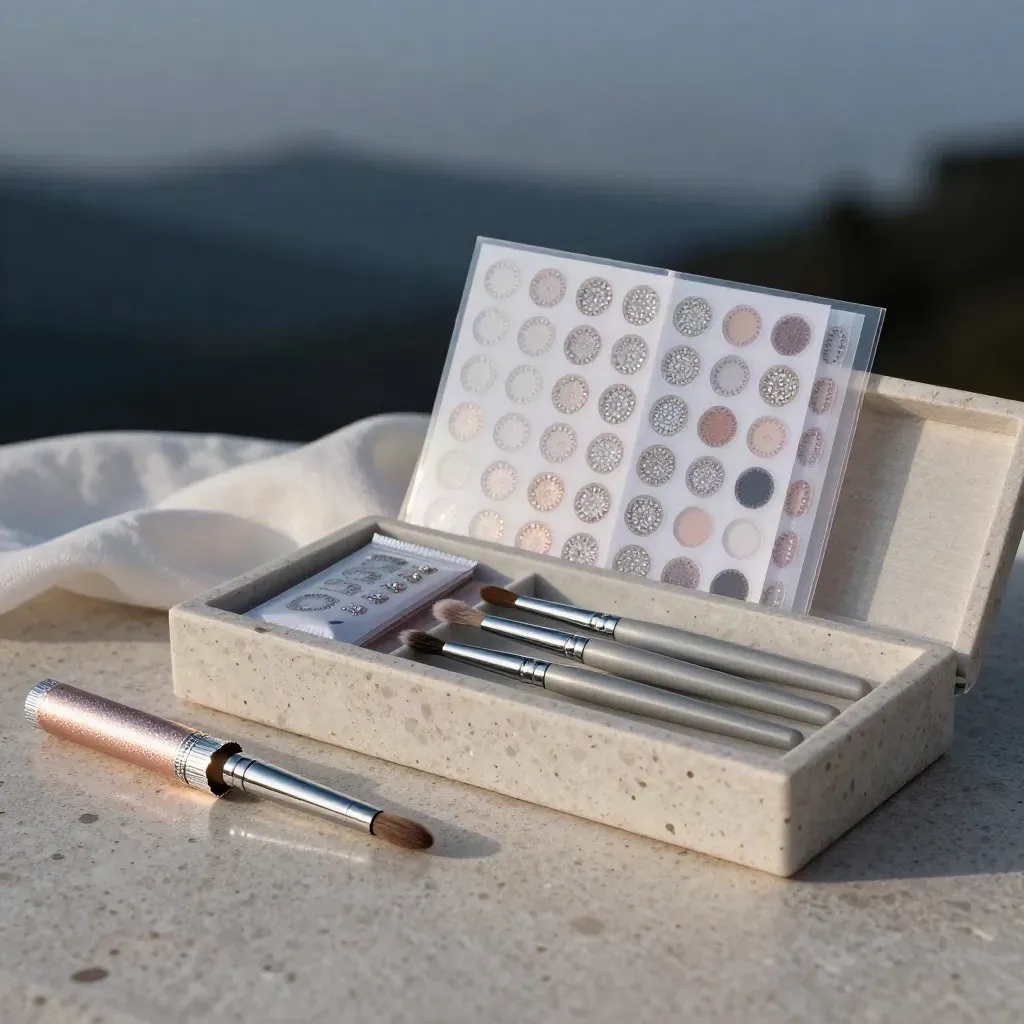 Luxury nail art starter kit with sticker sheets, gem wheels, brushes and foil on travertine.